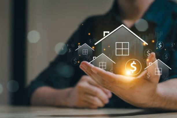 Real estate concept business, home insurance and real estate protection. Real estate investment concept. Buy and sell houses and real estate online on a virtual screen.